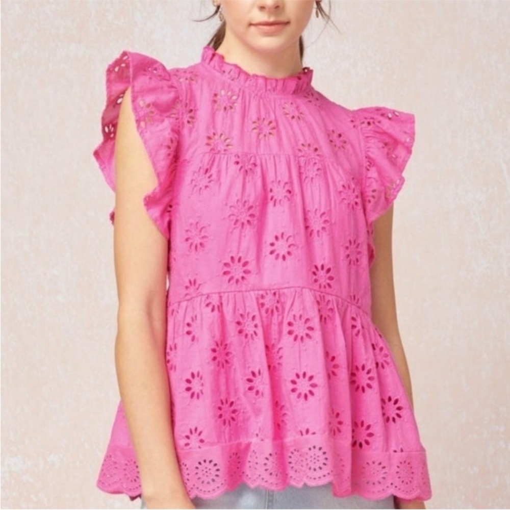 Entro Hot Pink Perforated Frilled Short Sleeve Blouse Size Small 100% Cotton EUC